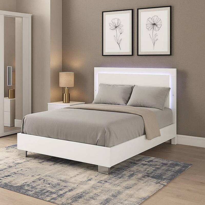 Suni Queen Size Bed w LED on Headboard, White Wood Frame, Chrome Legs