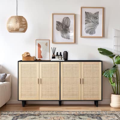 Rattan Buffet Cabinet with Storage, 62.20" Kitchen Cupboard with 4 Doors and Adjustable Shelves, Boho Wooden Console Cabinet