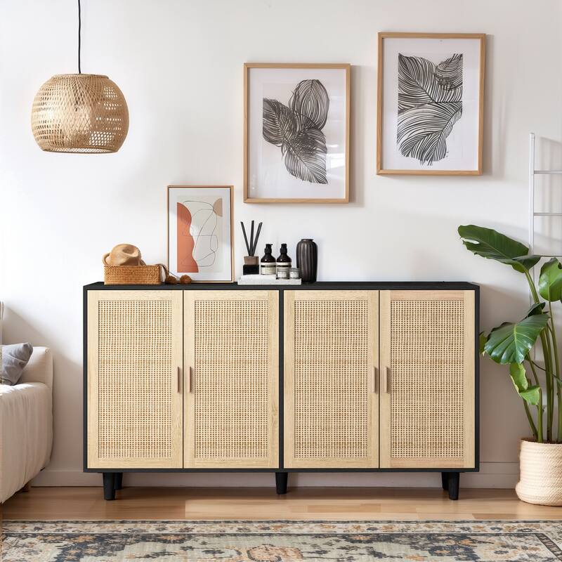 Stylish 62.20" Rattan Decorative Storage Cabinet, 4 Doors, Adjustable Shelves, for Bedroom, Office & Living Room. - Black-1