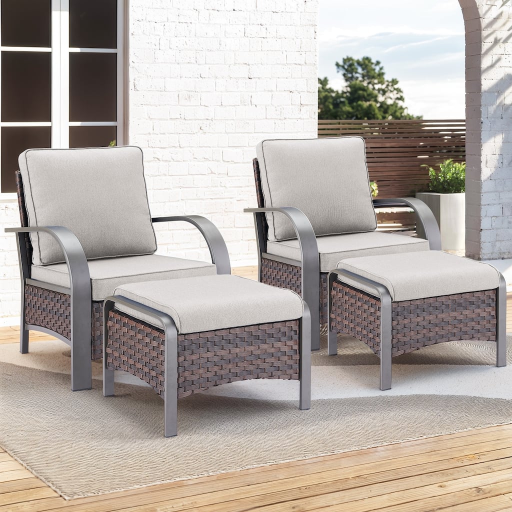 4 Pieces Outdoor Patio Chairs with Ottomans - Beige Cushion - Brown