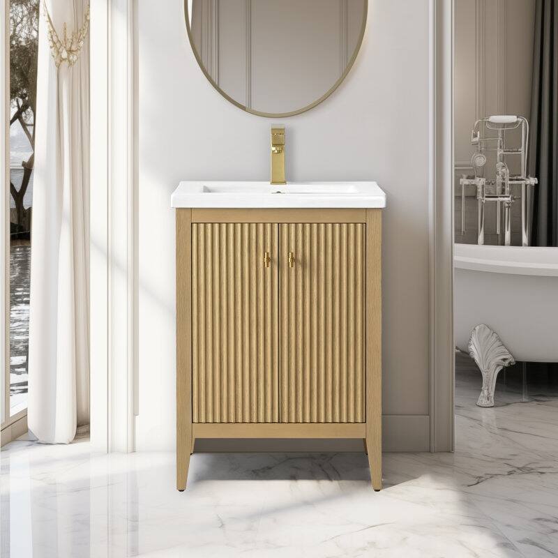Vanity Art 24" Single Sink Bathroom Vanity Cabinet with Ceramic Top - 24"/Golden Brushed Handle - Linear Natural Oak