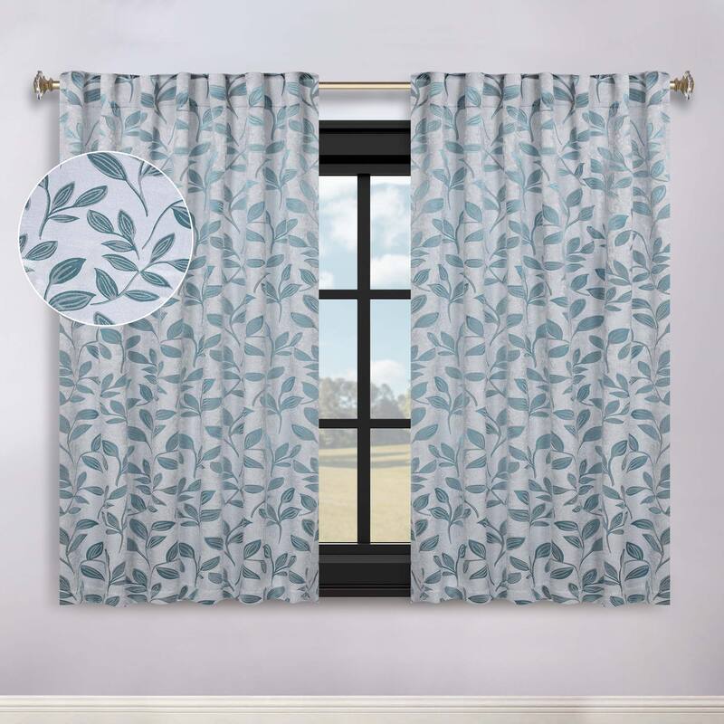 Superior Leaves Machine Washable Room Darkening Curtains with Back Tabs, Set of 2 - 52" x 63" - Teal