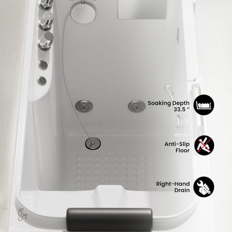 Auvergne 53" X 27" Ada Right Drain Walk-In Soaking Bathtub In White with Faucet Set, Drain, Grab Bars, Pillow - 53