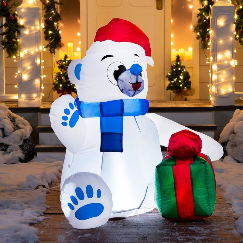 Joyfy 4-ft Christmas Inflatable Polar Bear with Gift - White and Blue