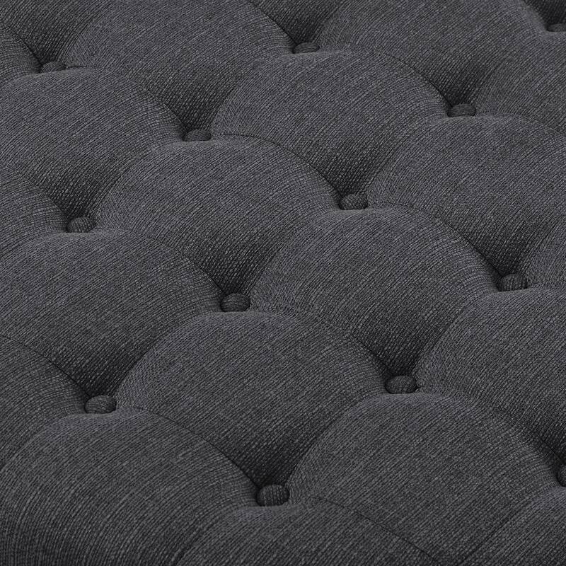 Large Round Tufted Linen Ottoman Coffee Table with Solid Wood Shelf - Charcoal Finish
