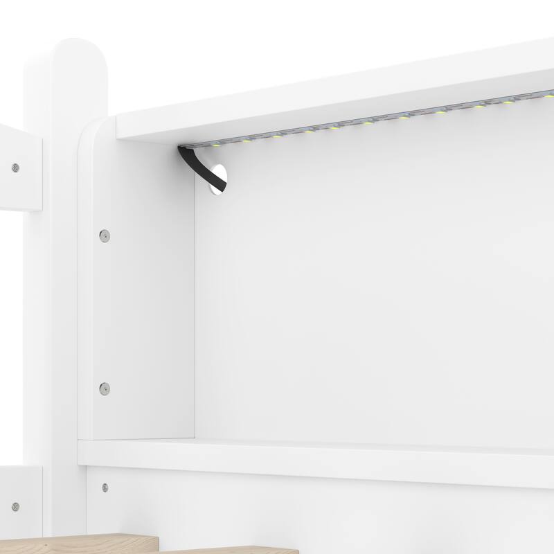 Twin XL Loft Bed with Storage Shelves, LED Lights & Guardrails