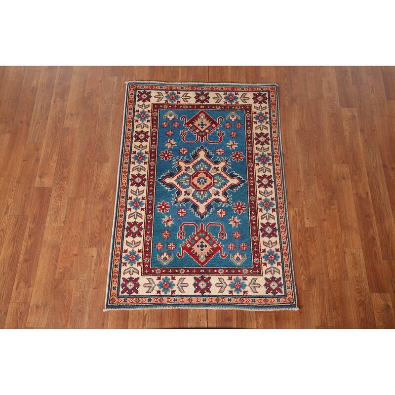 Blue Geometric Kazak Oriental Accent Rug Handmade Wool Carpet - 2'9" x 4'0"