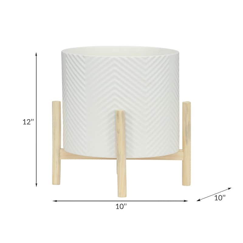 Ceramic Planter Trendy White Planter Elevated on Wooden Stand with Chevron Design For Indoor or Outdoor Plants