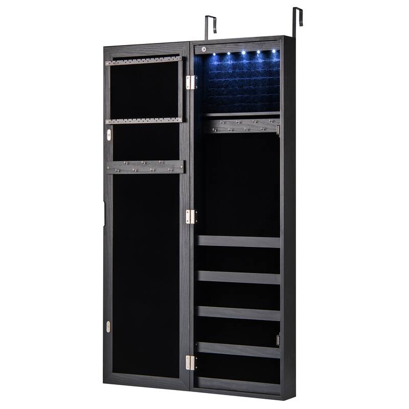 Wall Mounted or Door Hanging Jewelry Cabinet with Full Length Mirror and LED Lights - 12.5" x 3.7" x 42"
