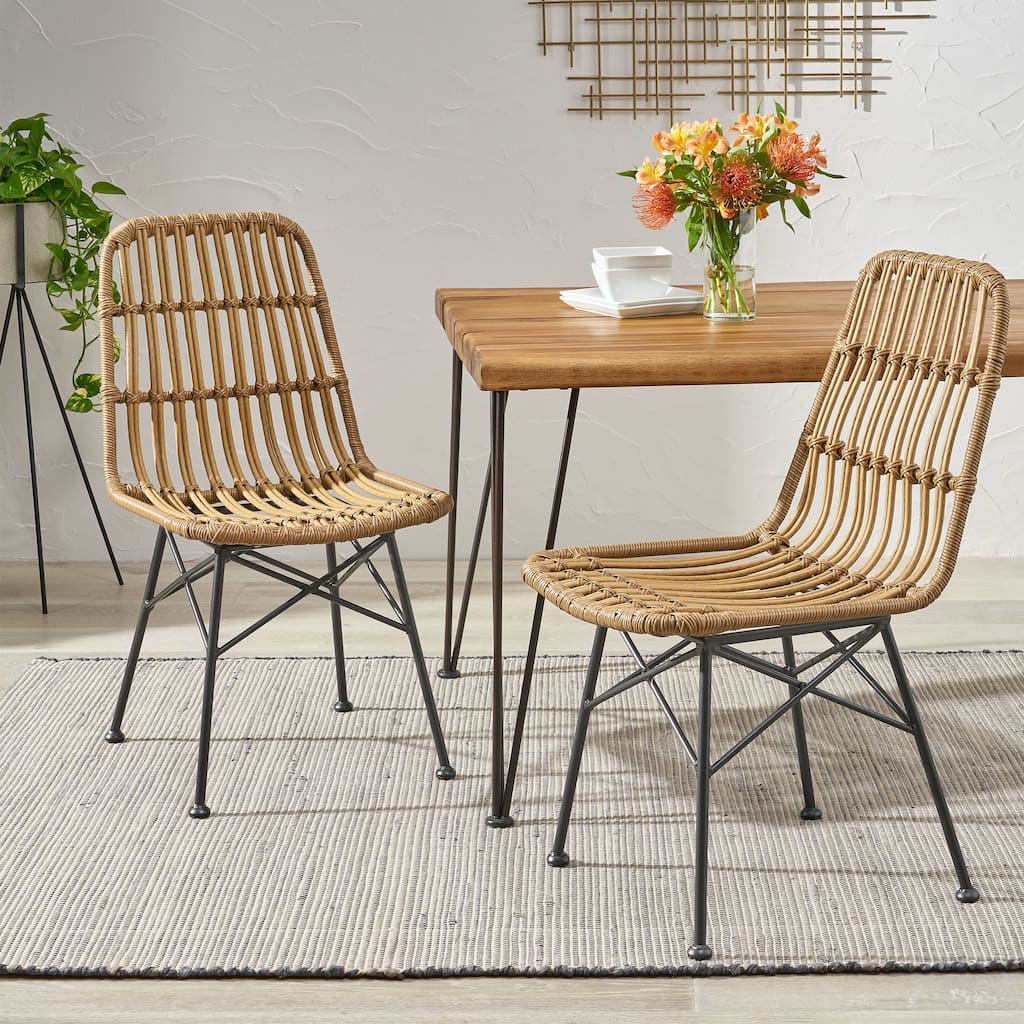 Roomfitters Light Brown Rattan Dining Chair Set with Sleek Metal Legs for Modern Indoor and Outdoor Seating Comfort, Light Brown