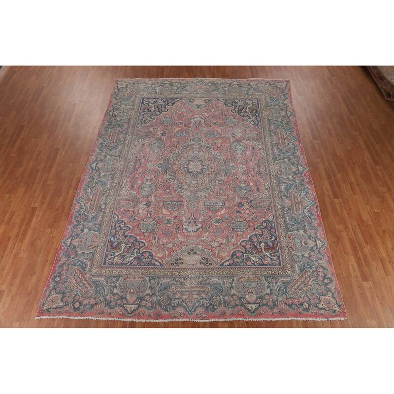 Animals Pink Kashmar Persian Vintage Area Rug Hand-Knotted Wool Carpet - 9'5"x 12'9"