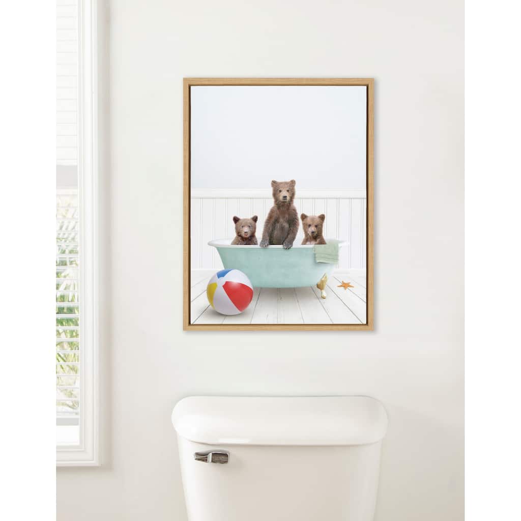 Kate and Laurel Sylvie Three Bear Cubs In Beach House Bath Framed Canvas by Amy Peterson