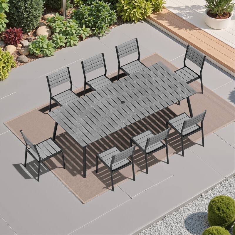 9-Piece Aluminum Outdoor Dining Set with Umbrella Hole and Stacking Armless Chairs