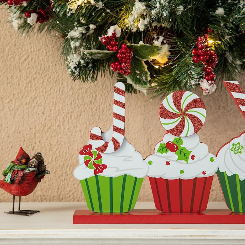Glitzhome 12"L Christmas Wooden Cupcake JOY Table Decor