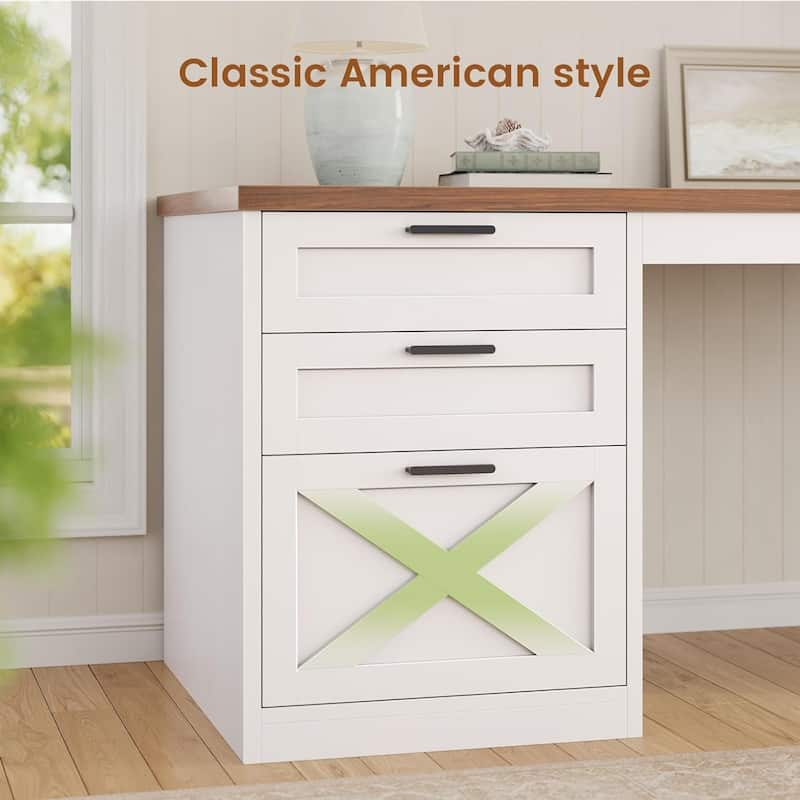 Farmhouse Executive L Shaped Desk Home Office Desk with Drawers and Storage Cabinet & Power Outlet