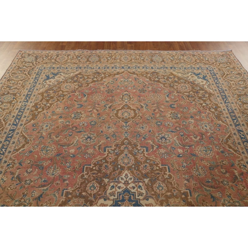 Traditional Pink Mashad Persian Vintage Rug Hand-Knotted Wool Carpet - 8'10"x 12'5"