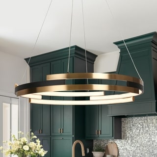 Modern Contemporary Black Gold Wheel Chandelier Integrated LED Round Pendant Light for Dining Room - 25.5" D x 63.5" H