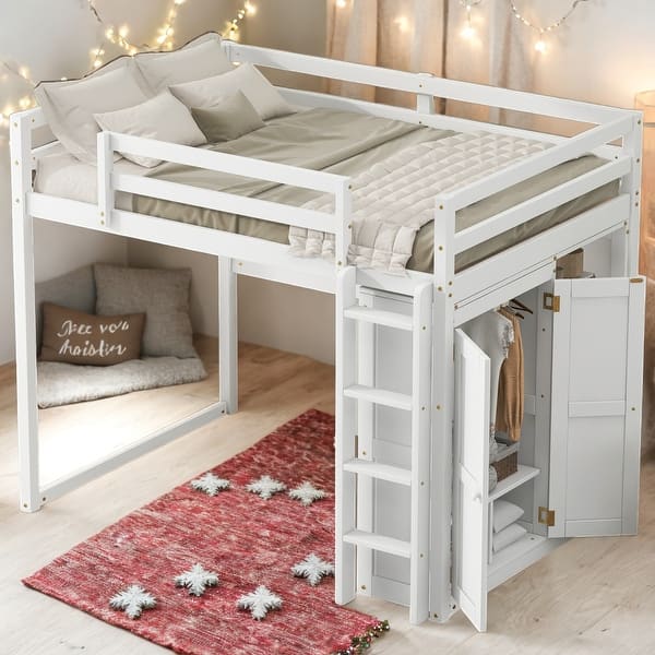 slide 2 of 24, Wood Full Size Loft Bed with Built-in Wardrobe, Storage Shelves, and LED Light, White White