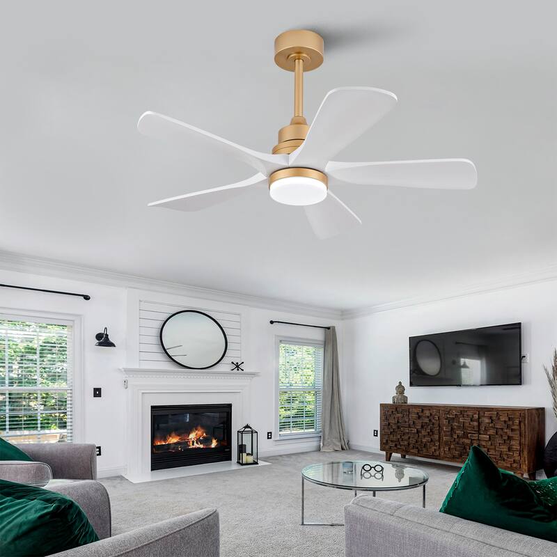 42 Inch Indoor Ceiling Fan With Dimmable LED Light 5 Solid Wood Blades Remote Control Reversible DC Motor - Gold+White