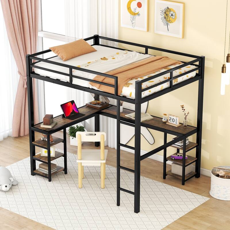 Full Metal Loft Bed with Desk, Shelves, Ladder, and Guardrails, Black Frame with Wood Desk