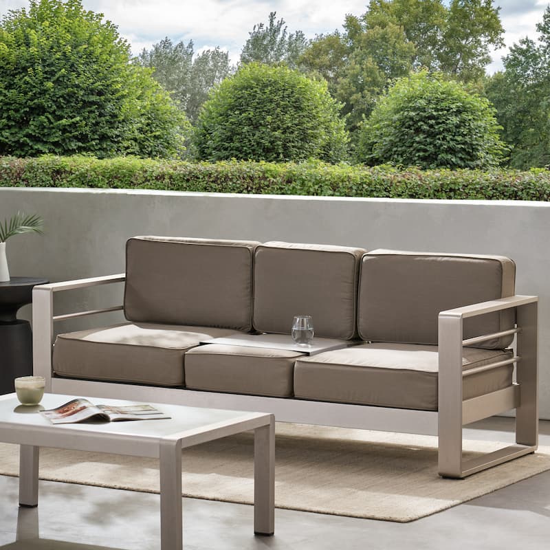 Cape Coral Aluminum and Sunbrella Outdoor 3 Seater Sofa with Cushions by Christopher Knight Home