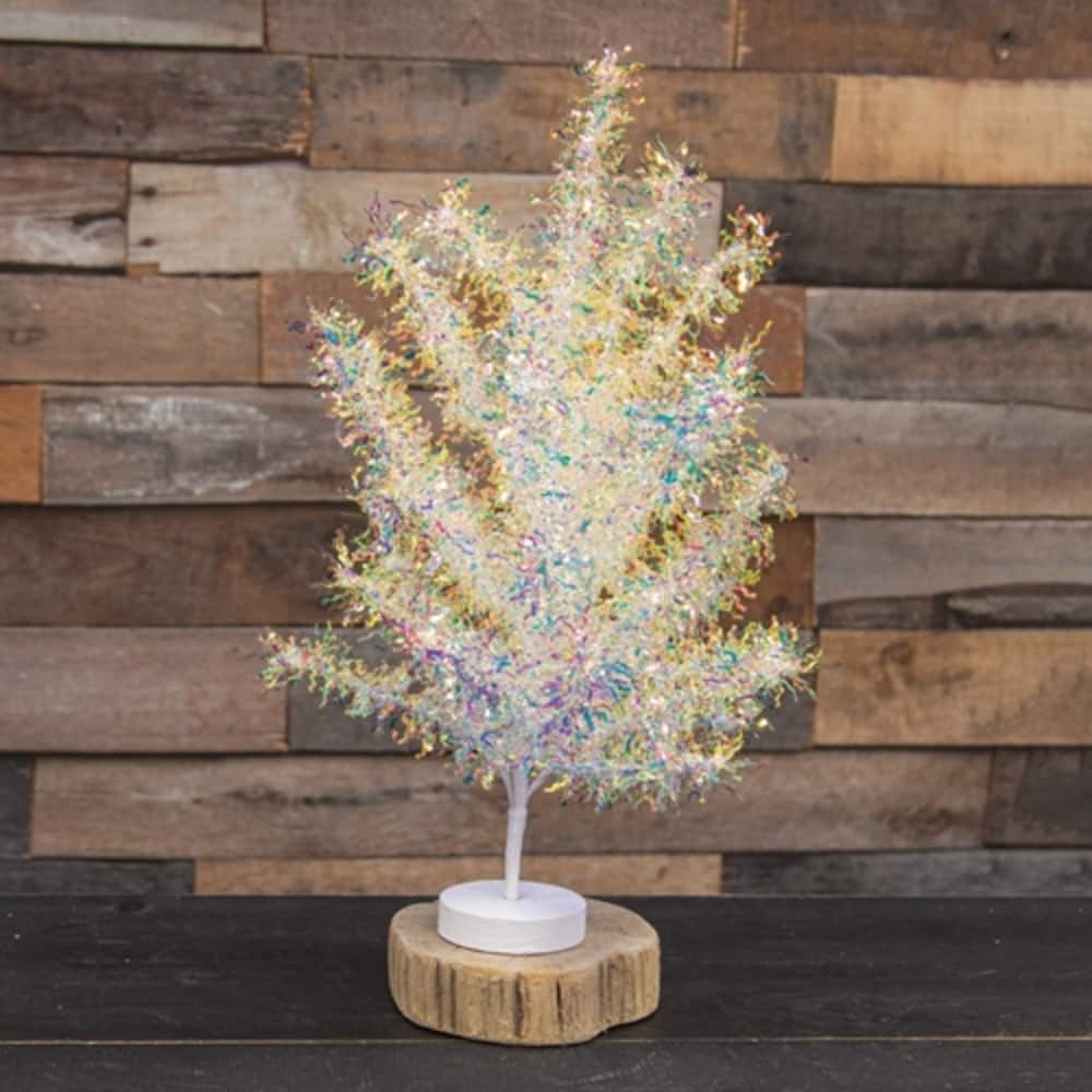 Opalescent Tinsel Tree with White Base 19 Inch Iridescent Tabletop Christmas Holiday Decoration Winter Décor Accent