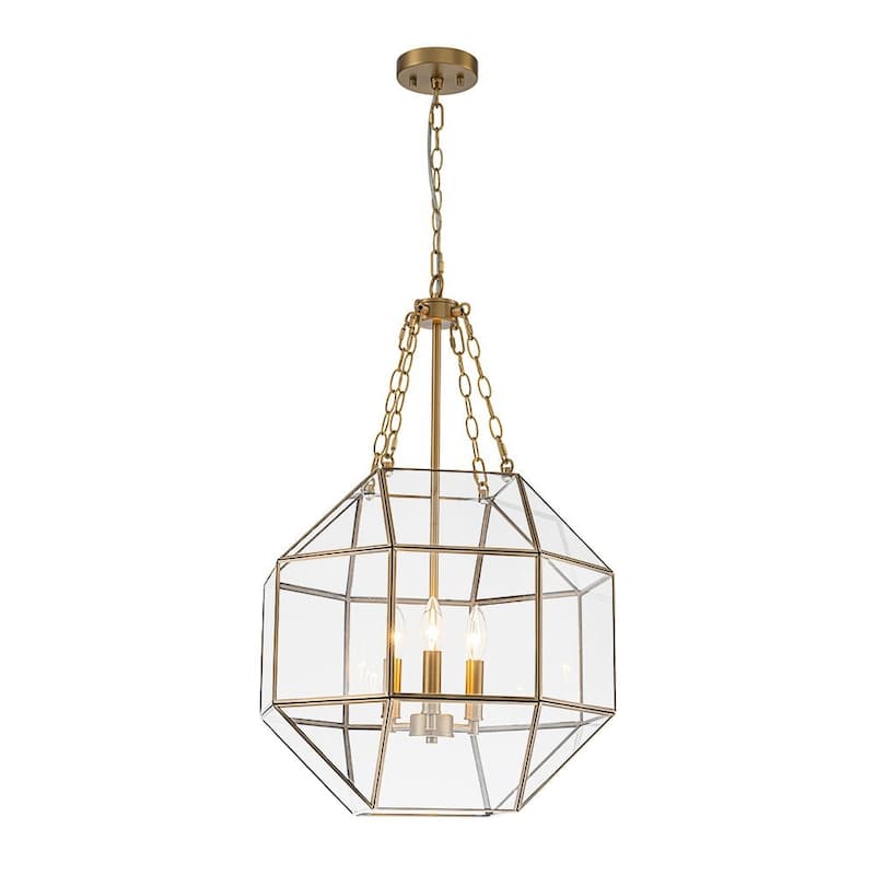 Modern 3-Light Polygonal Cube Clear Glass Metal Lantern Chandelier - 18.1in