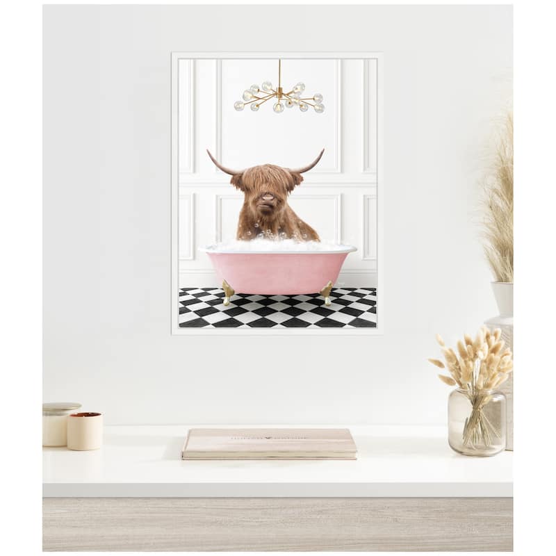 Kate and Laurel Sylvie Highland Cow in Pink Bathtub on Checker Floor Framed Canvas by Amy Peterson