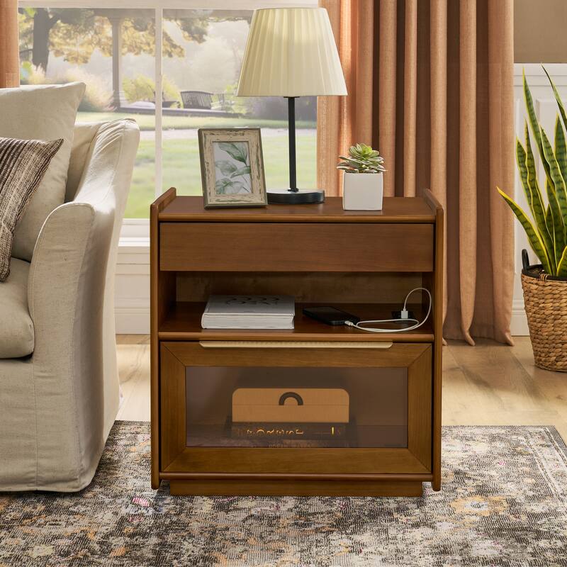 Mid Century Modern Nightstand with Charging Station & Outlet Hole & 2 Drawers, Farmhouse End Table with Open Shelf - Brown