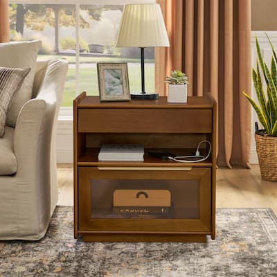 Mid Century Modern Nightstand with Charging Station & Outlet Hole & 2 Drawers, Farmhouse End Table with Open Shelf