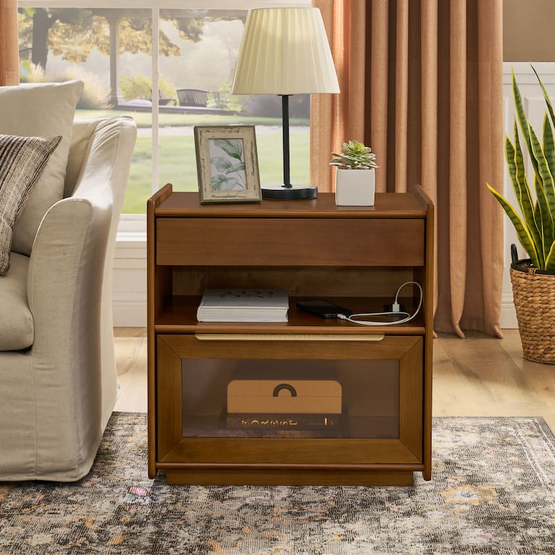 Mid-Century Modern Nightstand with USB Charging Station‌ - End Table Featuring 2 Drawers, Open Shelf & Glass-Front Cabinet