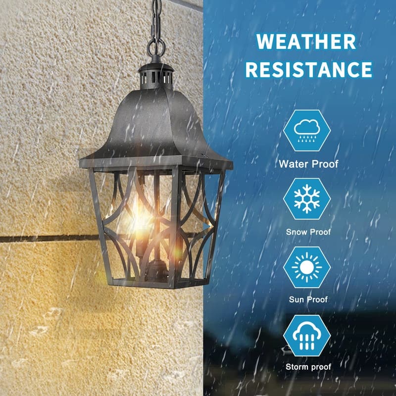 Modern Black Outdoor Pendant Light - Anti-Rust Hanging Lantern with Glass Shade for Porch, Front Door (1-Pack)