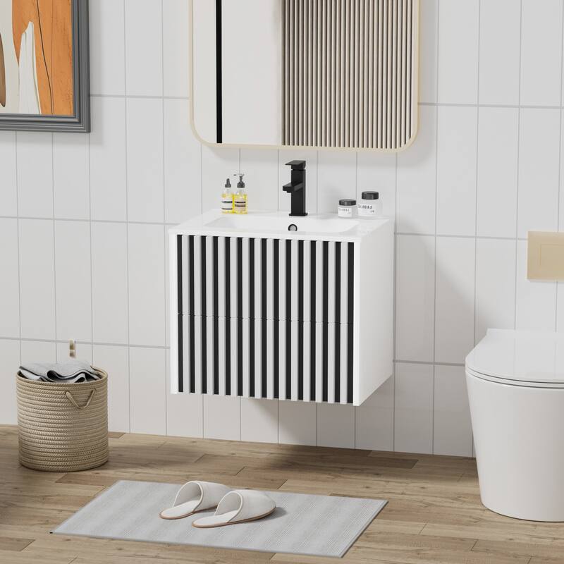 Wall Mounted Bathroom Vanity Set Mid-Century Storage Cabinet with Ceramic Sink