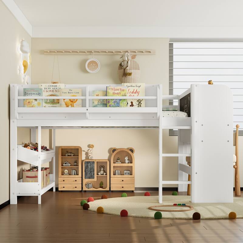 Low Solid Wood Loft Bed with Bookcase, Desk, Drawers and Storage Boxes
