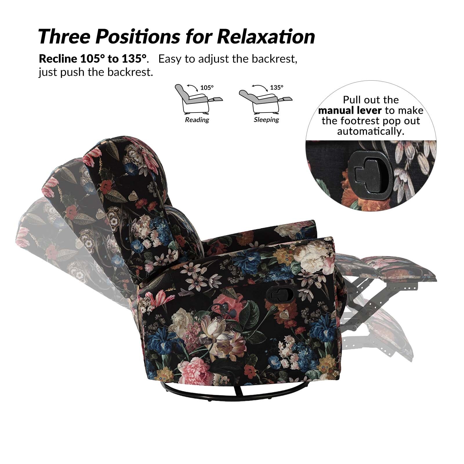 Leopold Transitional Floral Print Manual Swivel Rocking Recliner with Nailhead Trims by HULALA HOME