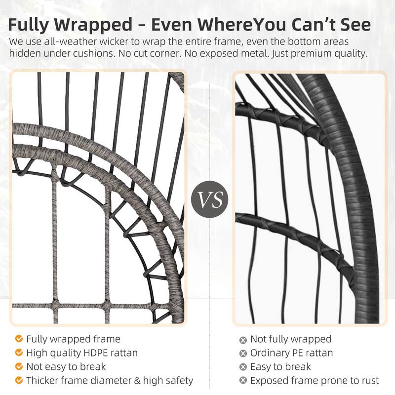 Hanging Chair PE Hanging Chair with Stainless Steel Suspension kit, Outdoor Garden Rattan Egg Swing Chair with Cushion