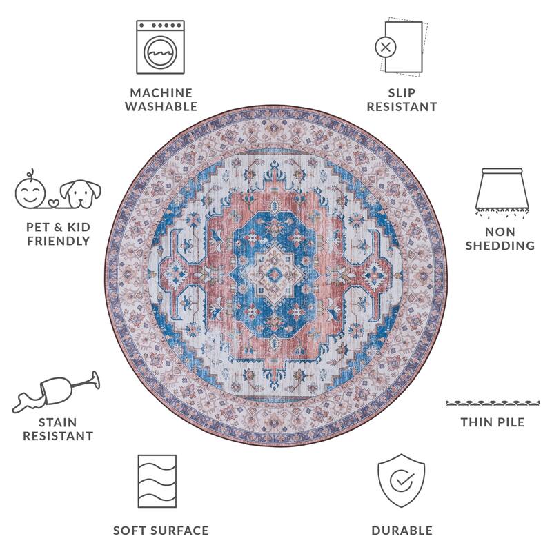 SAFAVIEH Tucson Machine Washable Slip Resistant Namiko Oriental Rug - 6' Round - Beige/Blue
