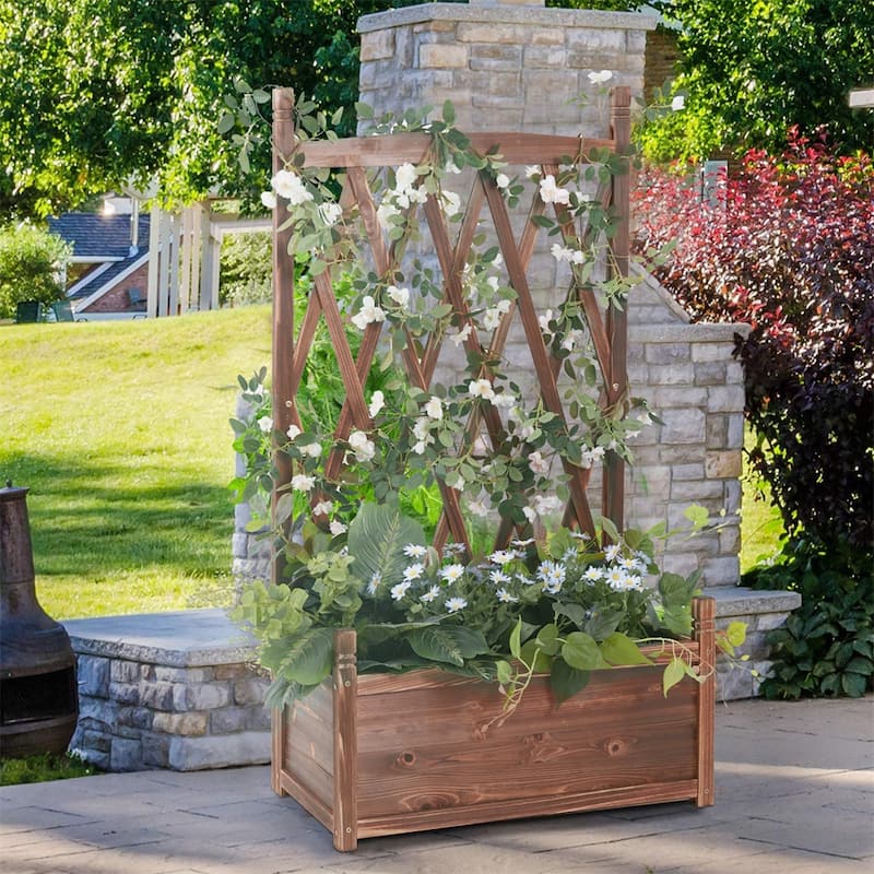Solid Wood Planter Box with Trellis Weather-Resistant Outdoor - 25.2x14.4x45.2 inch - Brown