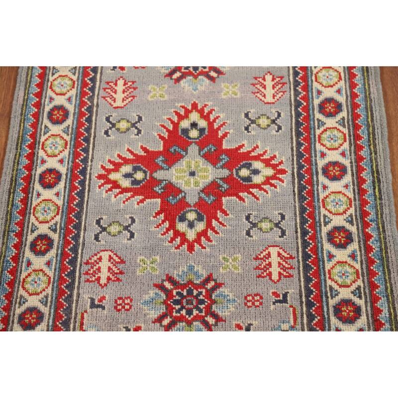 Geometric Kazak Oriental Accent Rug Grey Hand-Knotted Wool Carpet - 2'0" x 3'0"
