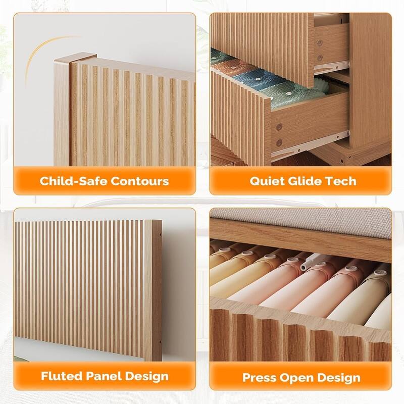 Natural Oak Wood Platform Bed Frame with Built-in Footboard Storage Bench,4 Drawers,Headboard,Heavy duty,No Box Spring Needed