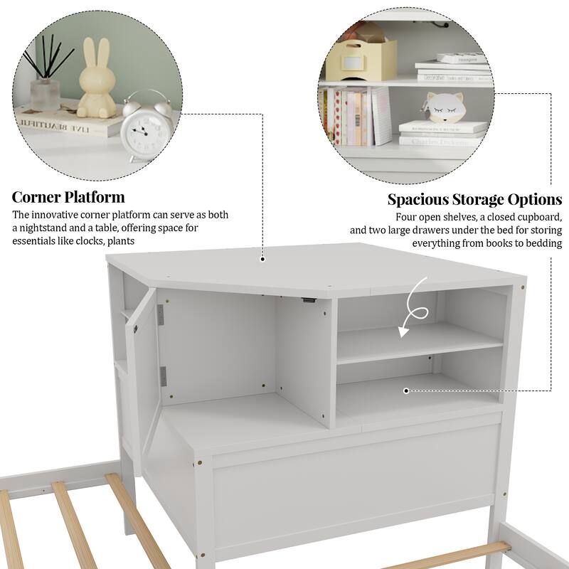 L-Shaped Combination Twin Bed Frame with Trundle and Drawer