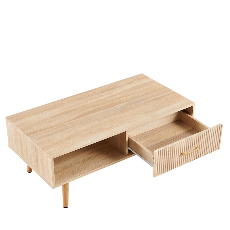 Rectangle Coffee Table with Solid Wood Legs, Sliding Drawer for Storage, Modern Table