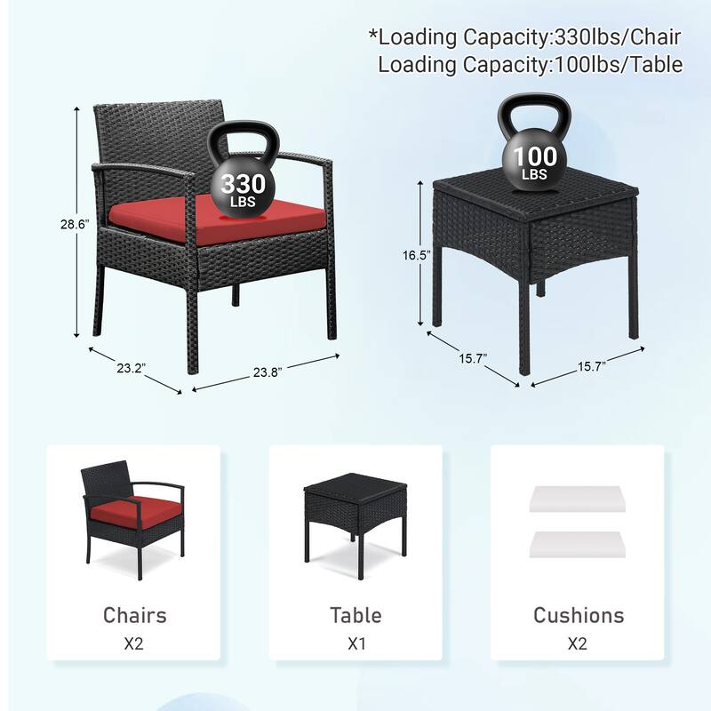 Outdoor Furniture 3 Piece Patio Bistro Furniture Set, Rattan Conversation Chairs Set with Side Table and Cushions