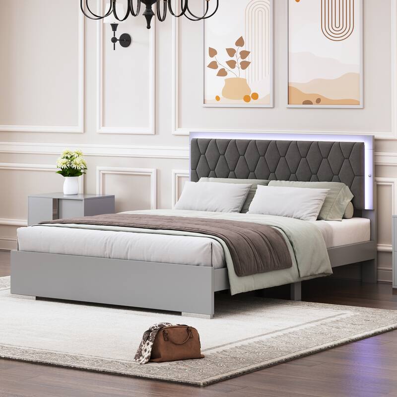 Queen Upholstered Platform Bed with LED & Velvet Headboard
