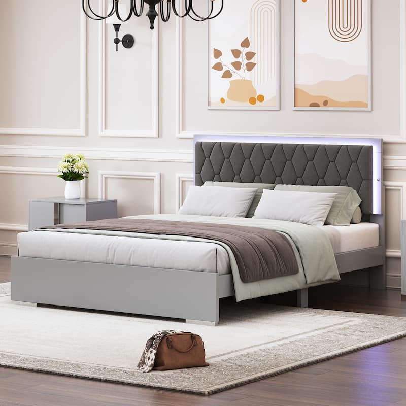 Stylish Queen Bed with Velvet Headboard and LED Lighting, Durable MDF and Metal Frame