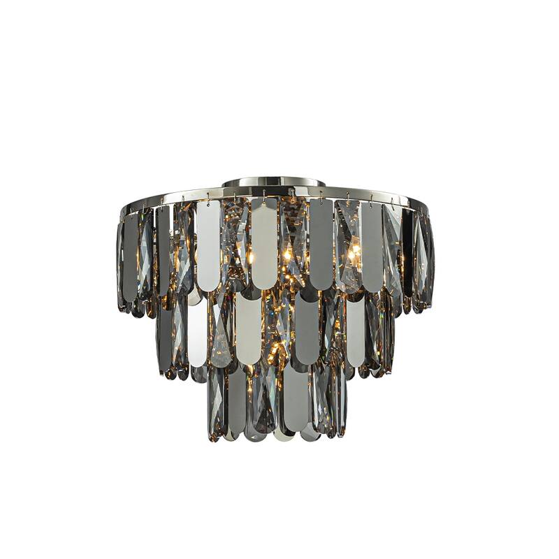 Dimmable Smoked Crystal Flush Mount Ceiling Light Round with Polished Nickel Finish and Stainless Steel Accents for Dining Room - W14''