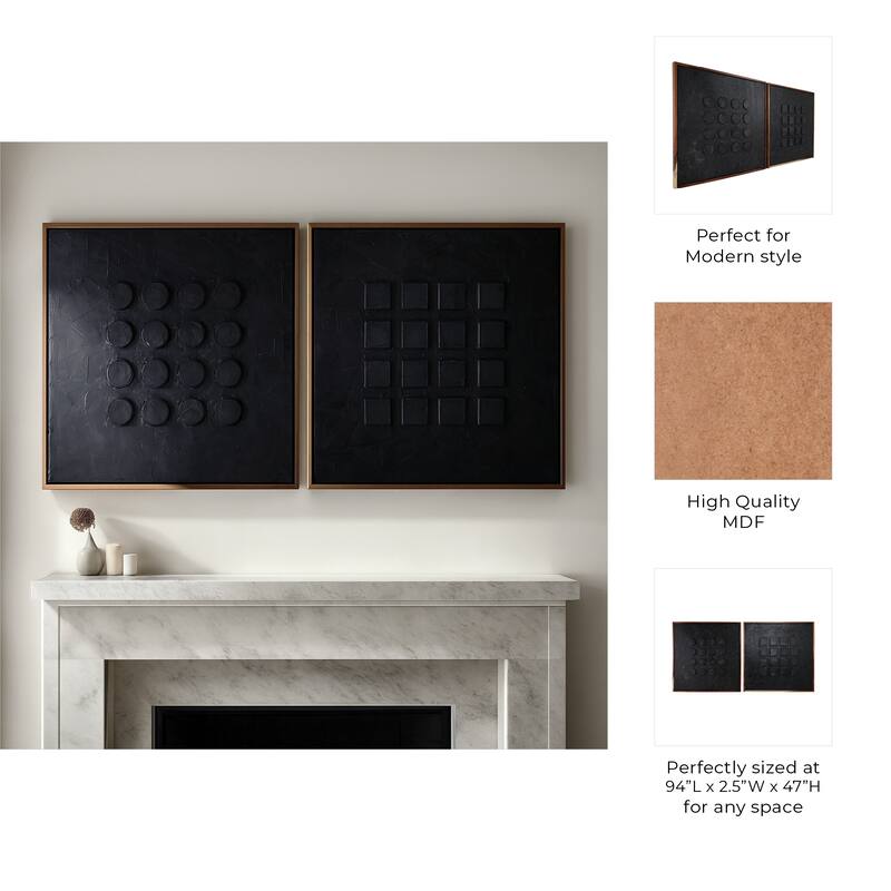 Hand-Painted Shadow Box Block Wall Artwork - Set of 2, 47", Black