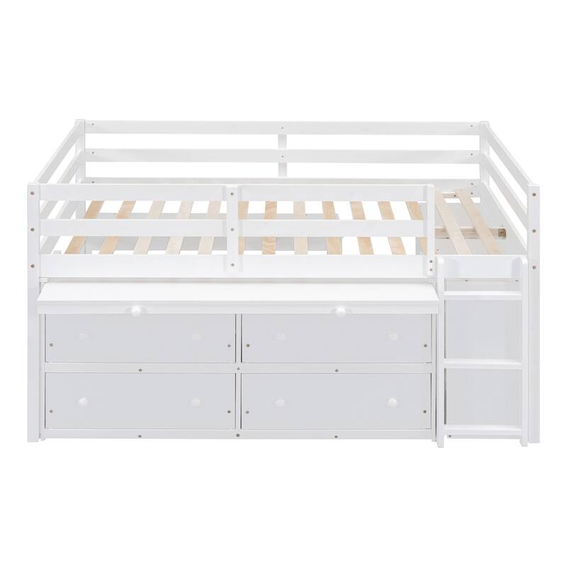 White Full Size Solid Wood Loft Bed with Retractable Desk and Drawers