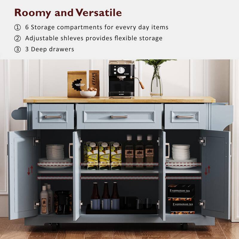 54"Large Kitchen Island with Rubber Wood Drop Leaf,Embossed Texture Rolling Kitchen Cart on 4 Wheels with 4 Doors and 3 Drawers