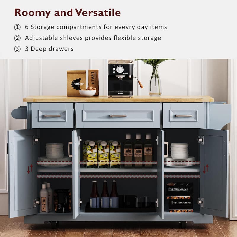 54-Inch Rubber Wood Kitchen Island With Drop Leaf, 4 Wheels, 4 Doors, 3 Drawers, For Kitchen Or Dining Room Storage. - 54inch